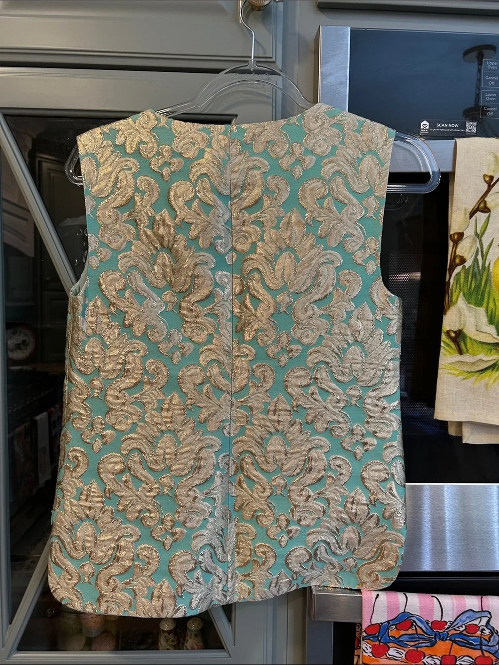 J. Crew Vintage Aqua Silk Brocade Sleeveless Top with Gold Accents